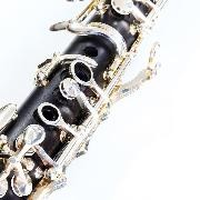 Nahaufnahme von einem Ausschnitt einer Klarinette vor weißem Hintergrund Nahaufnahme von einem Ausschnitt einer Klarinette vor weißem Hintergrund