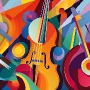 Bunte, leicht abstrakte Darstellung einer Violine mit verschiedenen Formen Bunte, leicht abstrakte Darstellung einer Violine mit verschiedenen Formen