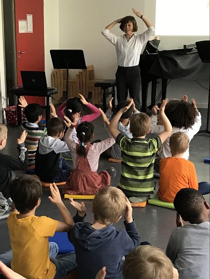 Lehrerin hält die Arme über den Kopf und sitzende Kinder machen das nach