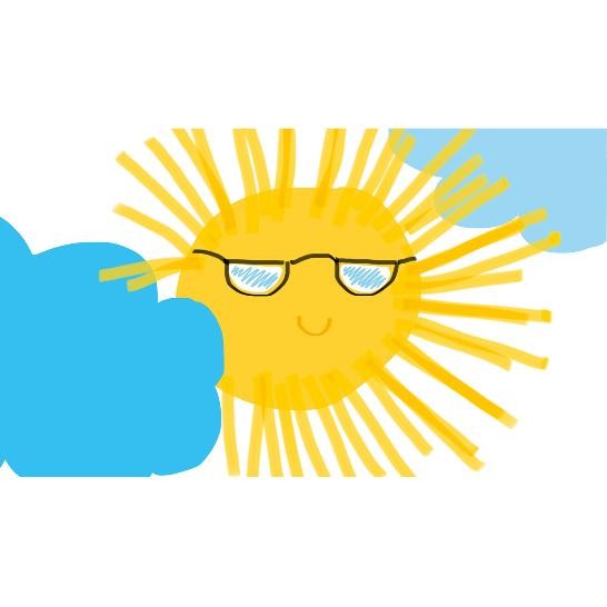 gemalte Sonne mit Brille und 2 blaue Wolken
