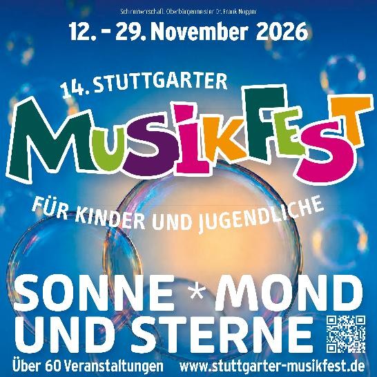 Logo Musikfest mit blauem Hintergrund und Seifenblasen